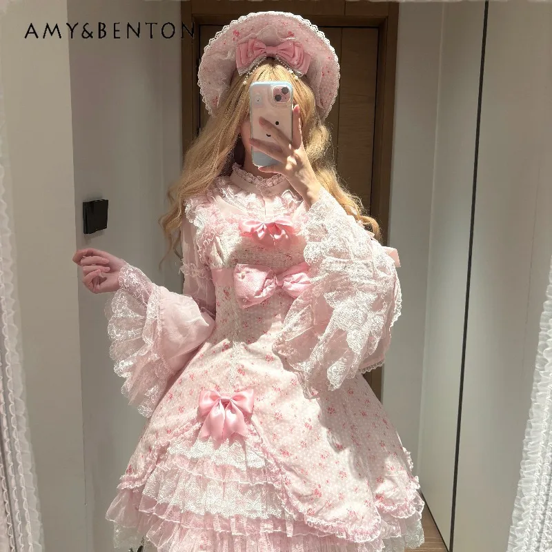 ชุดเดรสสไตล์โลลิต้าลายดอกไม้หวานๆ แบบ JSK สำหรับผู้หญิง ชุดเดรสเจ้าหญิงน่ารักสำหรับงานวันเกิด พร้อมโบว์น่ารัก ทรงเข้ารูป ผ้าตาข่ายพองๆ