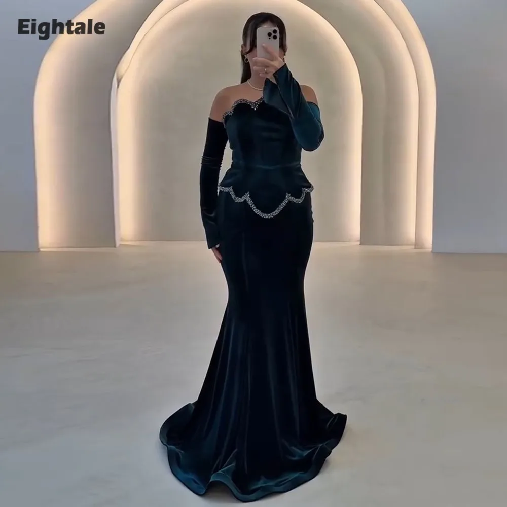 

Eightale Velvet Evening Dress for Wedding Party Customized Strapless Beaded Long Sleeves Arabic Prom Gowns Robes De Soirée