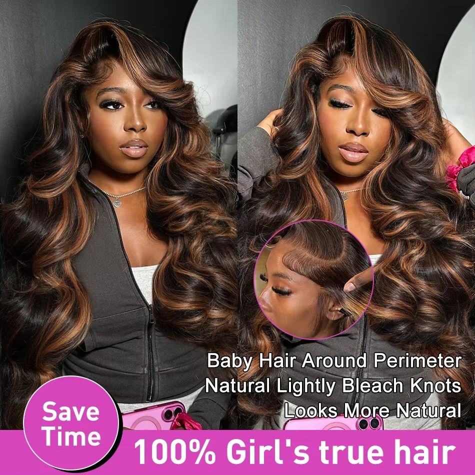 1B/30 تسليط الضوء على 13x6 الدانتيل أمامي خصلات الشعر المستعار الإنسان أومبير أسود براون الملونة Preplucked 36 بوصة 5x5 الجسم موجة الدانتيل شعر مستعار أمامي #4