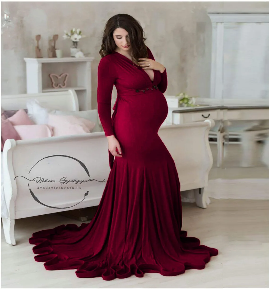 Maternity wear long tail maternity photography props V-neck pajamas cotton maternity long-sleeved photo dress suspender skirt