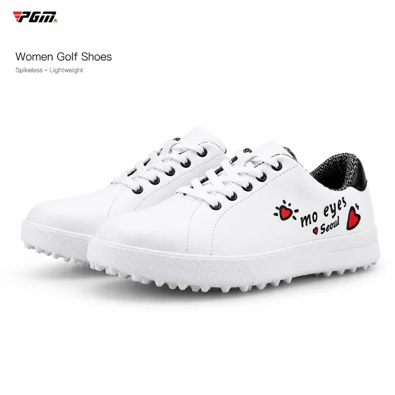 PGM Women Golf Shoes Water-Resistant Lace-Up Spikeless Sneakers Lightweight Non-Slip Golf Course Walking Trainers White XZ111