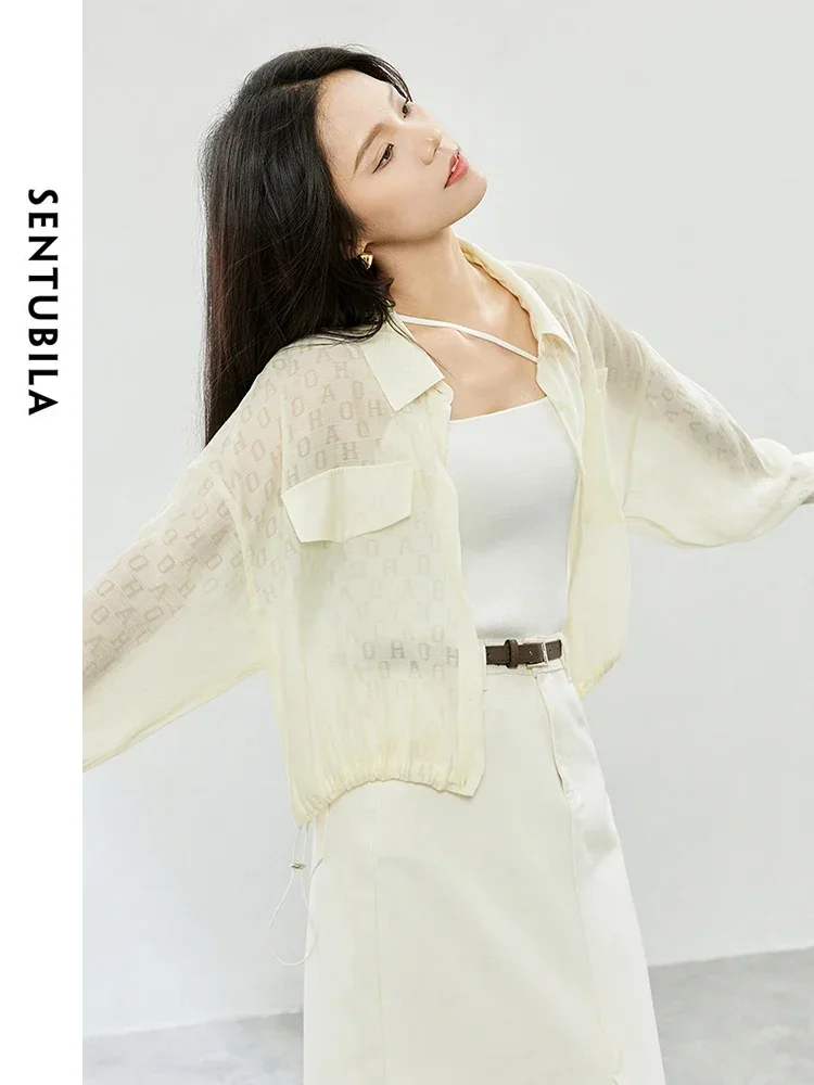 SENTUBILA Letter Printed Sheer Shirt Women 2024 Summer Fashion Loose Long Sleeve Tops Casual Drawstring Shirt Jacket 142W53851