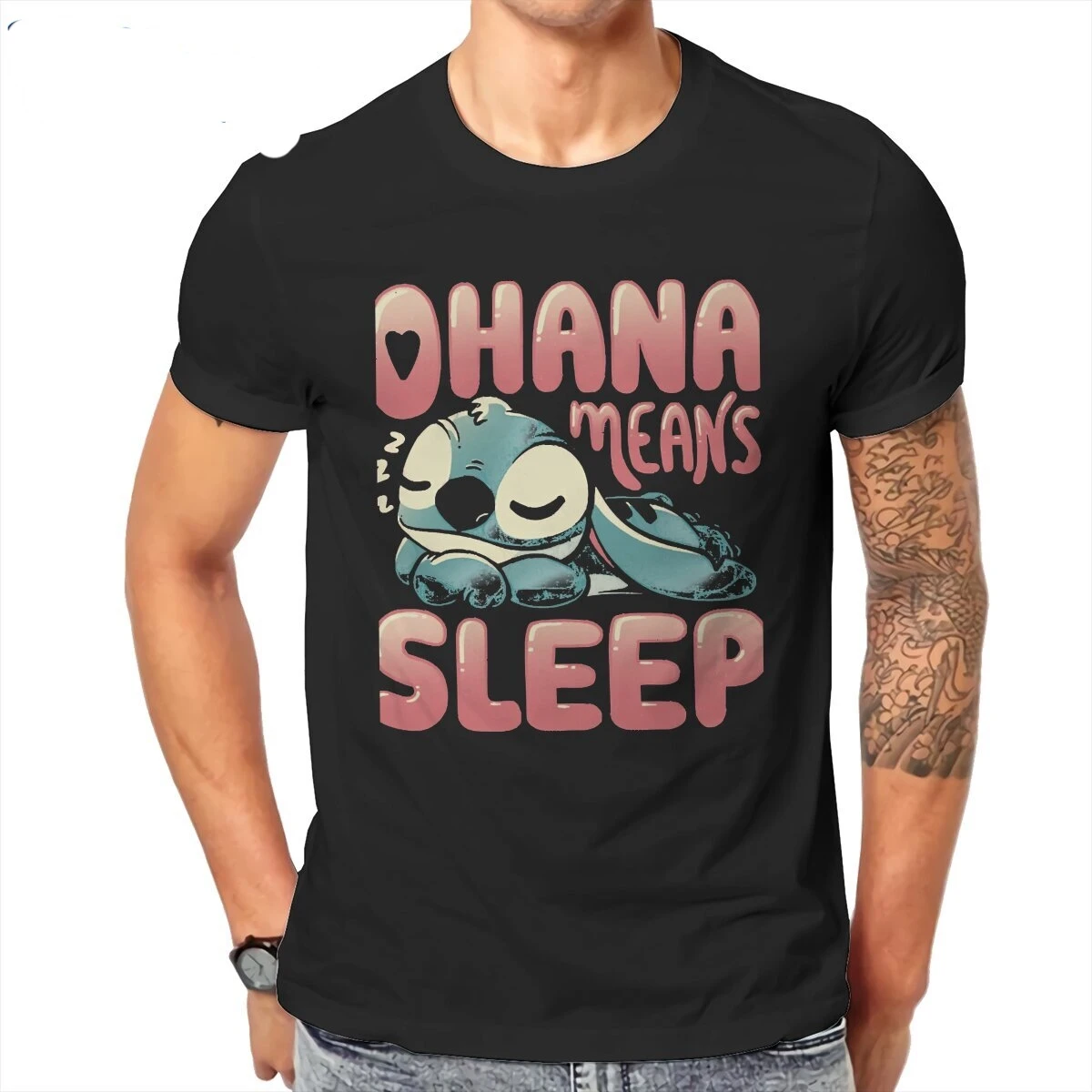  Stitch Ohana Means Sleep  T-Shirts Men  Leisure 100% Cotton Tee Shirt O Neck Short Sleeve T Shirt Plus Size Clothes