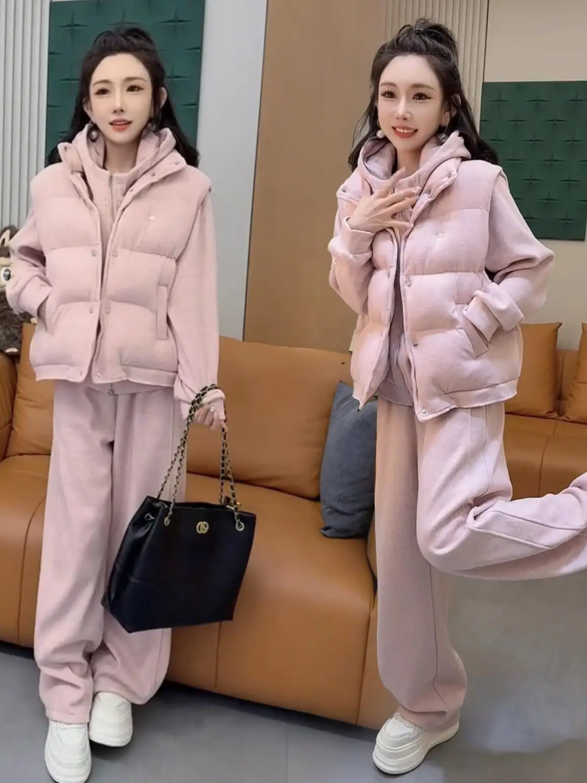 

Утепленный флисовый спортивный костюм для женщин: худи, джоггеры и хлопковый жилет – комплект из трех предметов в корейском стиле для осени и зимы