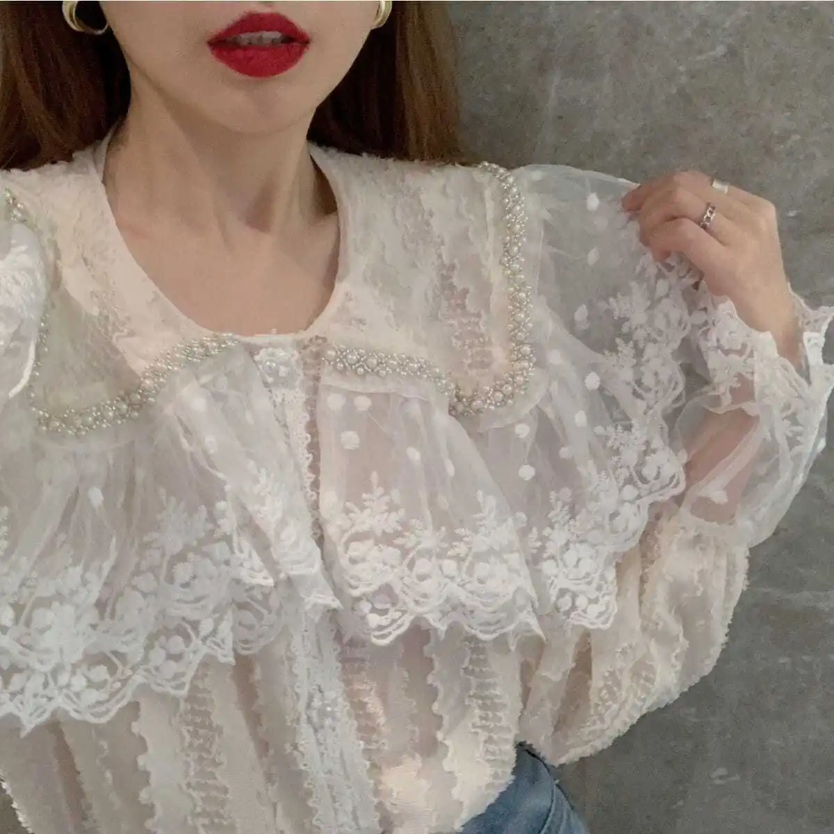 Long Sleeved Shirt for Women, Sensitive Lace Top, Loose Collar, Single Breasted, Spring and Autumn, New Design, 2024