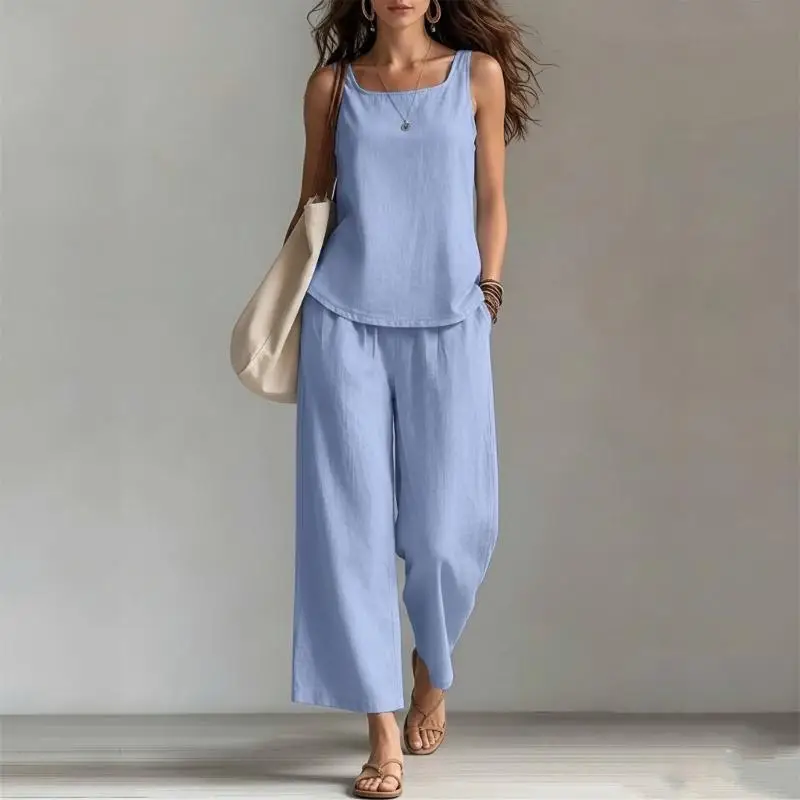 77HE Women's 2-Piece Sleeveless Pants Set, Round Neck, Matching Sets for Women, Elastic Waist, Wide Leg