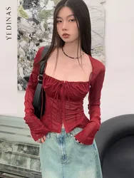 Yedinas Streetwear Burgundy Mesh Tops Long Sleeve Lace Up Square Collar T Shirt Women Crop Top Spring Summer 2023 Y2k  Chic Tops