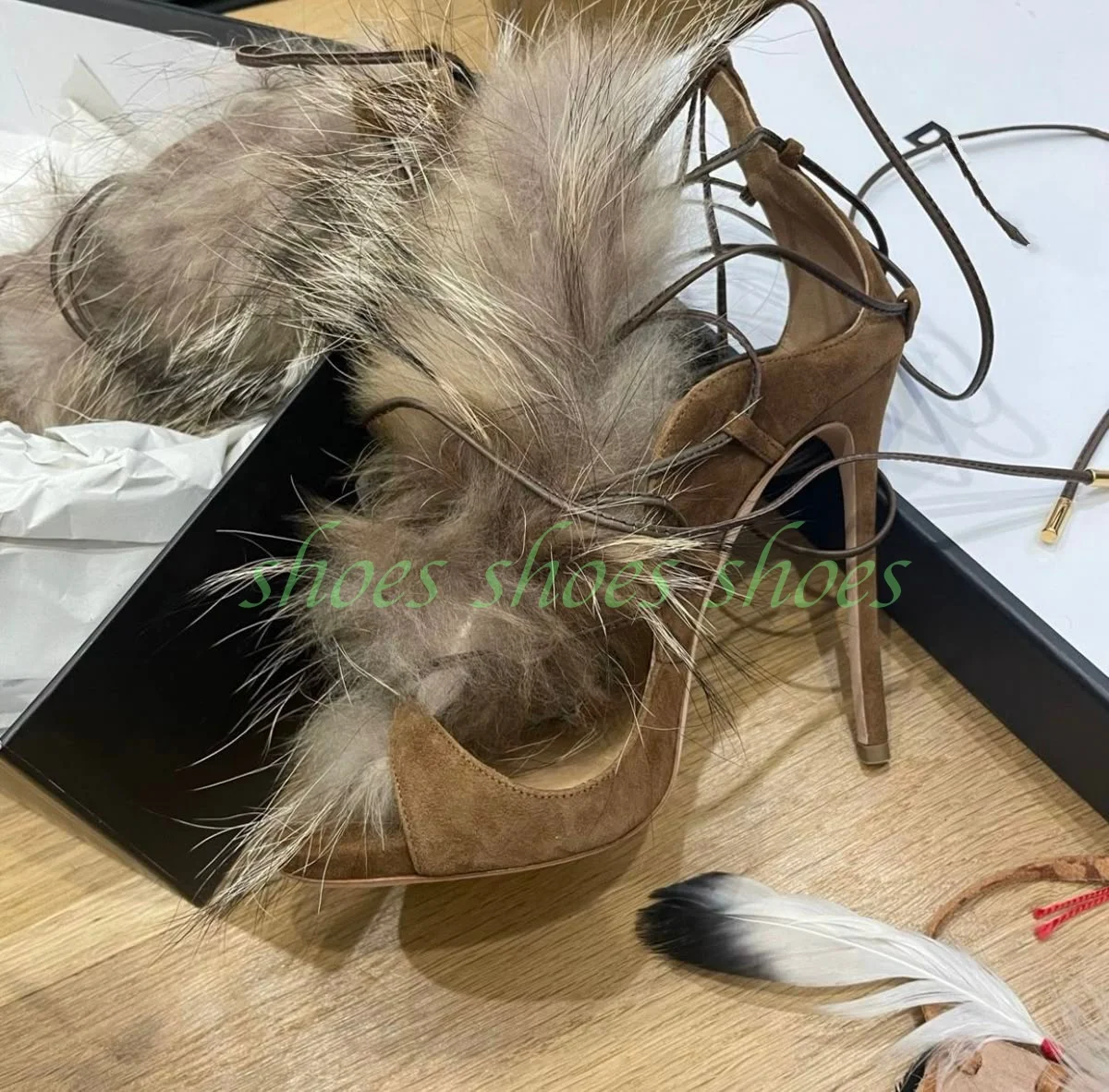 

Lady Gladiator Fur Dark Lace-Up Cover Heel Pumps Open Toe Fur Suede Fur Sandals Stiletto Heel Pumps Retro Style Footwear Size 46