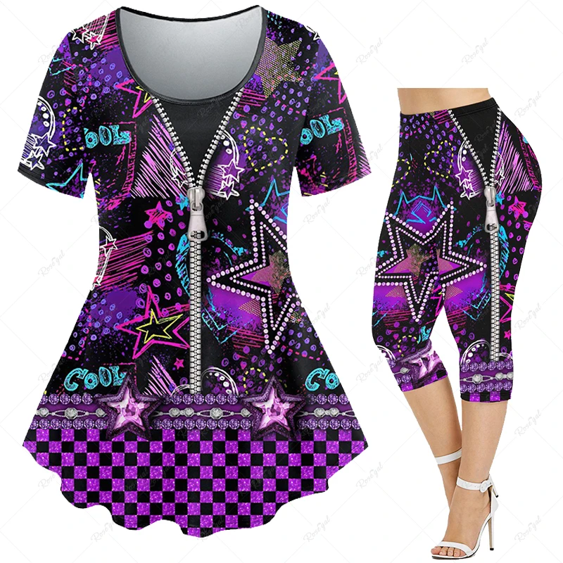 Conjunto a juego de camiseta o Leggings con estampado 3D, traje de talla grande, con ojales y cremallera, apliques, pentagrama de mezclilla, Corazón