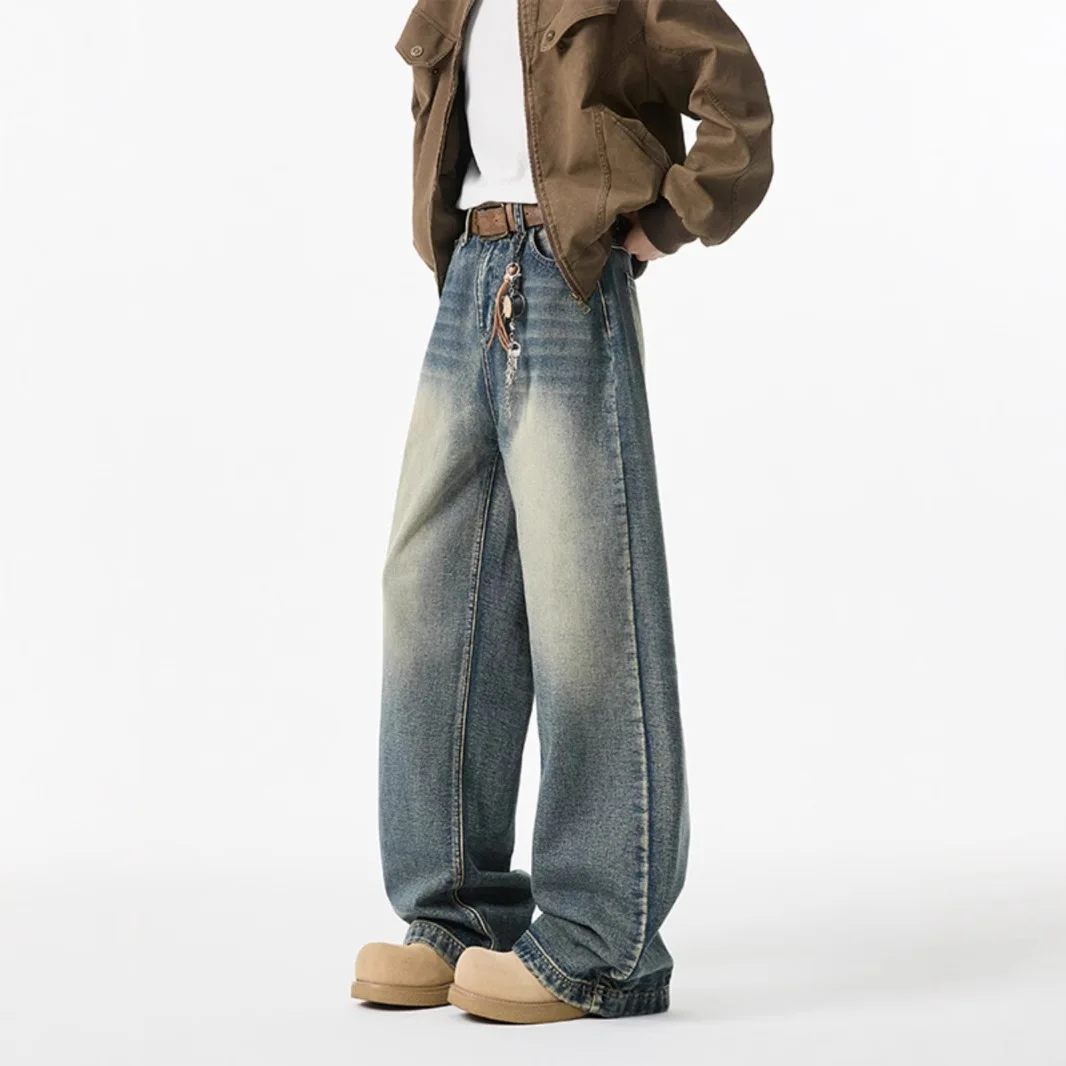 Spring Autumn American Vintage New Fashion Men's Solid Color Casual Trendy Simple Basic Wide Leg Denim Trousers Male Jeans Pants