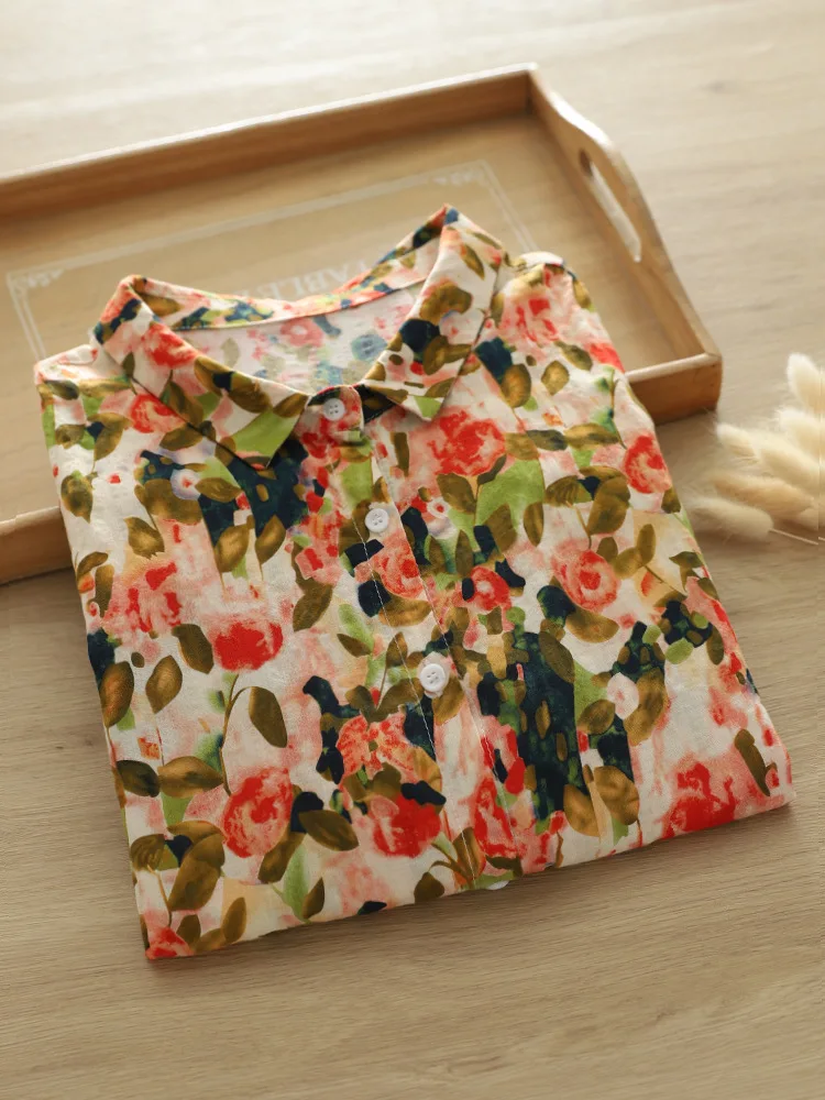 Women's top 100% cotton yarn 3/4 sleeves forest printed shirts and blouses women's clothing summer 2024 novelty Morigirl tops