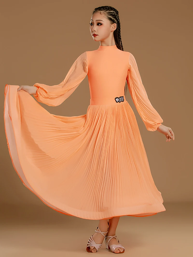 Kids Girls Waltz Tango Ballroom Dance Professional Dresses Girls Orange Latin Dance Dress Performance Modern Dancing Clothes