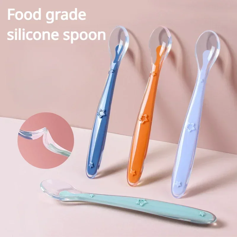 Cuchara de alimentación de silicona de seguridad para bebé, cucharas de entrenamiento para niños, cucharilla de comida complementaria suave, cubertería para bebé, alimentación sólida, 1Pc