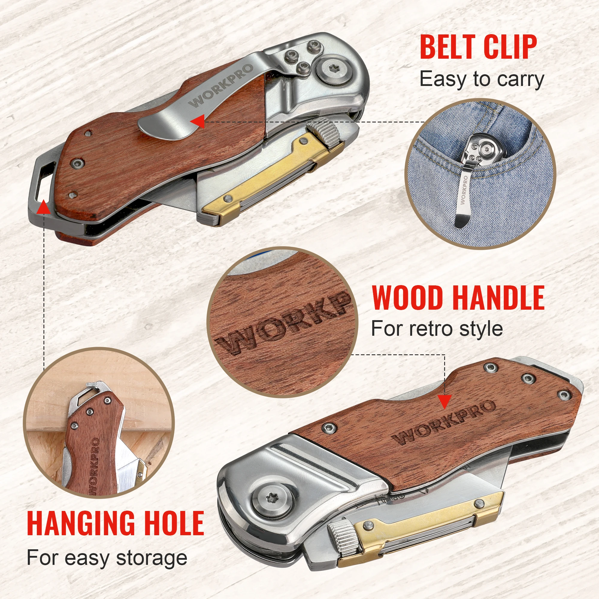 WORKPRO-Coltello multiuso con manico in legno, coltello pieghevole a cambio rapido, taglierina per carta, campeggio, utensili manuali fai da te,