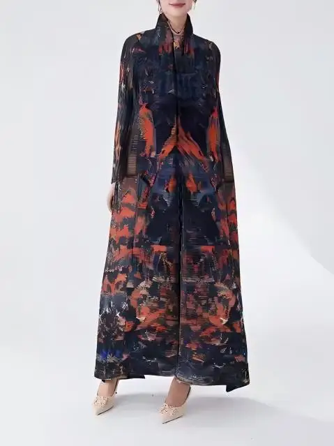 

Модное длинное пальто с принтом для весны, лета и осени, плиссированная абайя-накидка экспортного качества, свободного кроя, дышащая, стройнящая, визуально уменьшающая объемы.