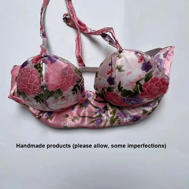 

Pure Handmade Sexy Man BF Pink Silky Touch Floral Printing Bra Costumes Sissy Cross dressing Dance Private Party Couple COS