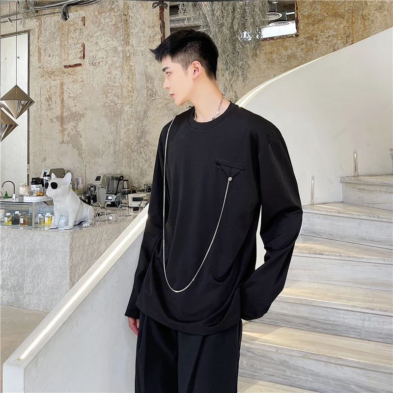 Men Spring And Autumn New Fashion Trend Personality Detachable Chain Design Stylist Casual Loose Large Size T-Shirt