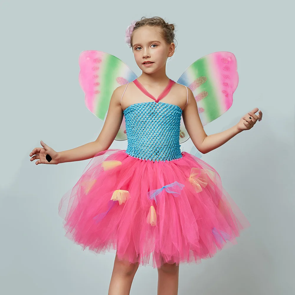 Halloween Butterfly Tutu Dress Vibrant Tulle Skirt Colorful Wing Accessory Floral Head Decor Multi-layer Mesh Matching Ensemble