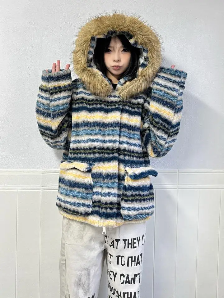 

Retro American Striped Hooded Jaet Women's Lamb Fur Coat Detachable Large Fur Collar Tee-dimensional ket Cotton Inner