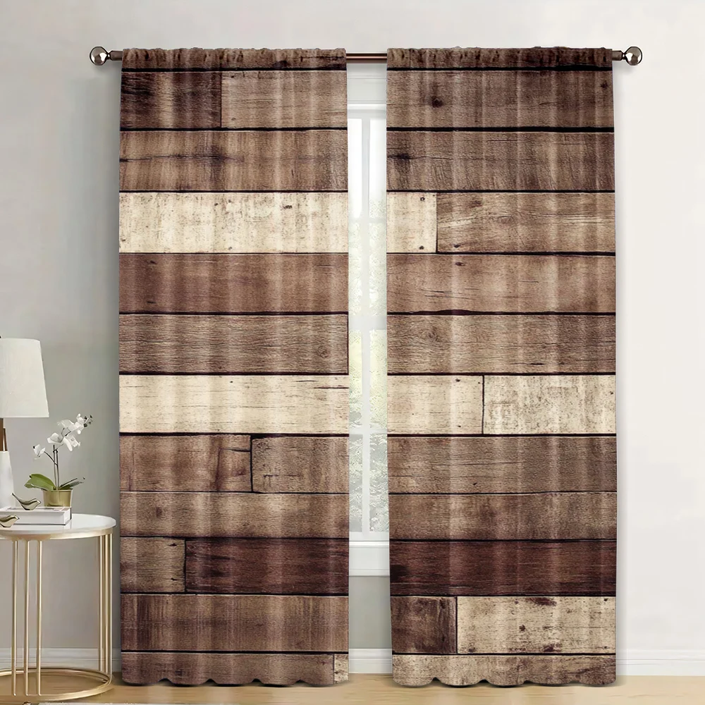 2Pcs Wooden Curtains Wall Floor Textured Planks Panels Art Grain Cottage Lodge Hardwood Pattern Window Drapes_ai13