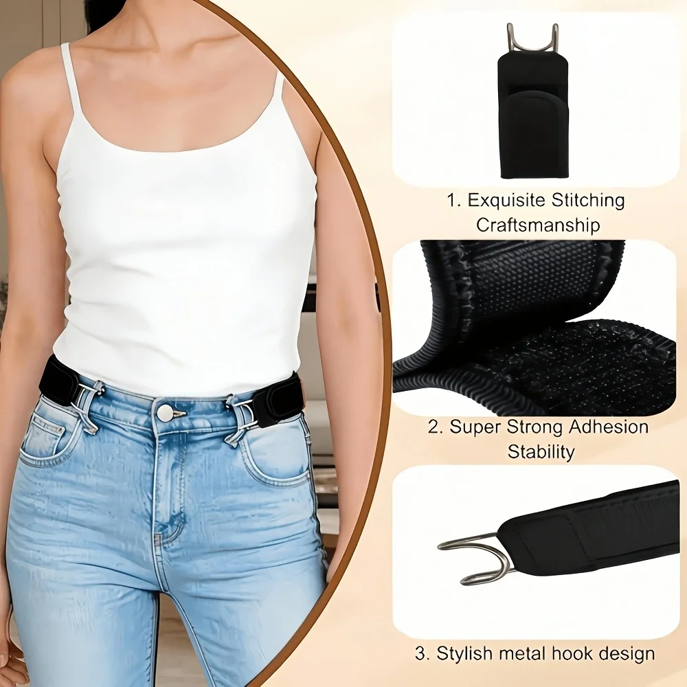 Simple Adjustable Belt with Hook, Lazy Belt, Velcro Elastic, Unisex, Multi-Functional Black Belt (2-Pack).