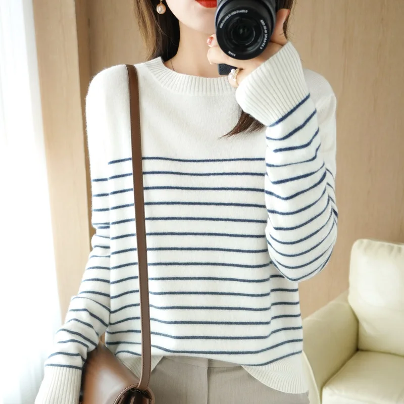 2022Early Autumn Low round Neck Half-Length Striped Sweater Women's Narrow Striped Long Sleeve Knitted Bottoming Shirt Slimming