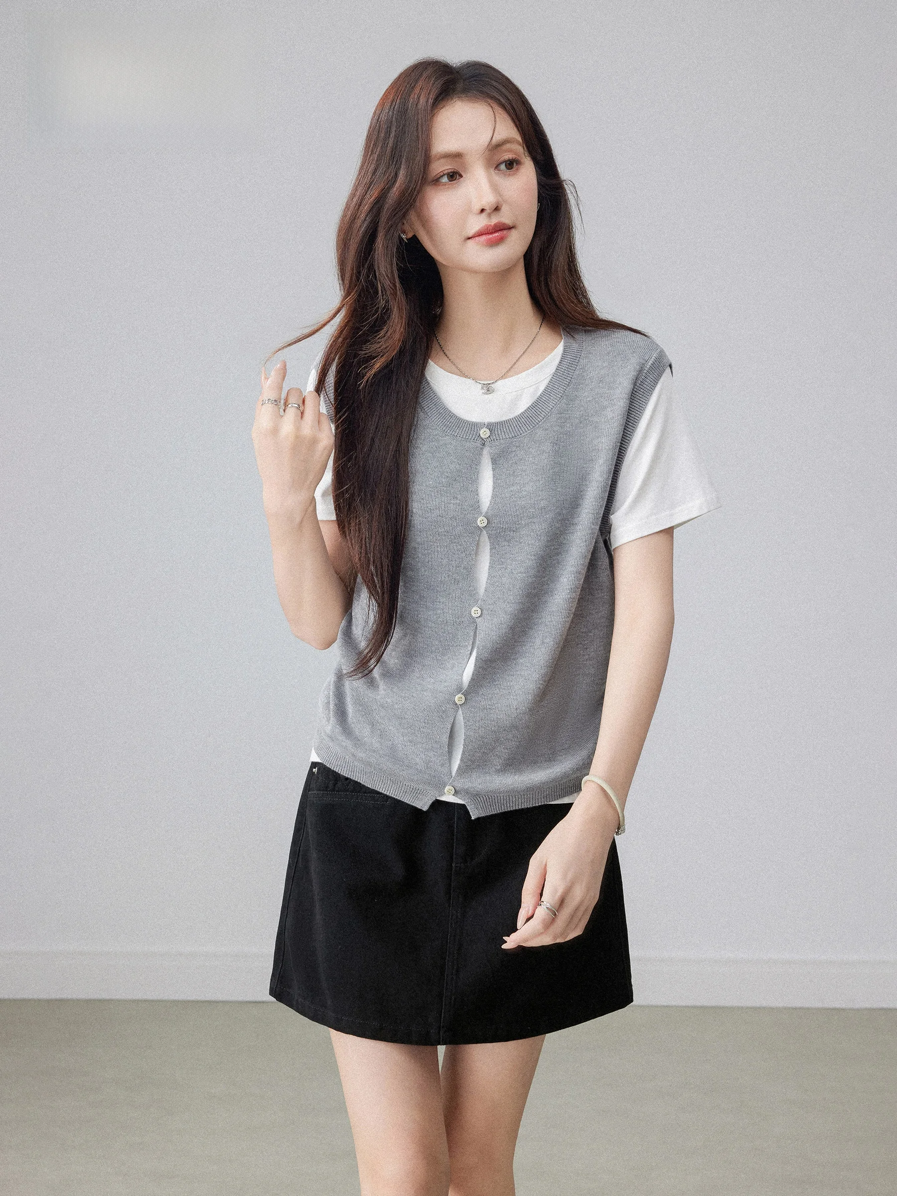 

Повседневная вязаная футболка с коротким рукавом для женщин, летняя, в корейском стиле, уникальный дизайн, имитация двухслойности, дышащая, ультратонкая