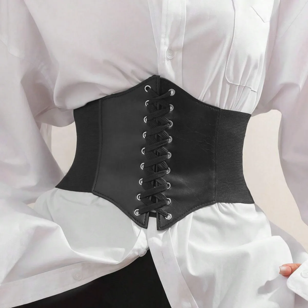 Women Black Leather Corset Belt Slimming Lace Up Wide Belt Versatile Fashion Waist Cincher For Shirt Dress Accessories