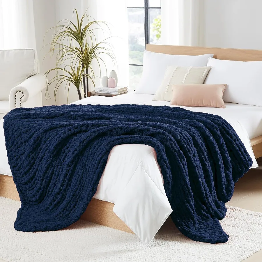 

Chunky Knit Throw: 72''x84'' Chenille Blanket for Bed and Couch Handmade Thick Big Cable Knit with Cozy Texture Large Crochet T