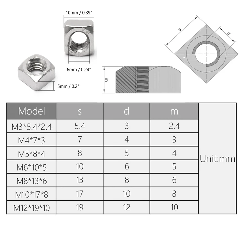 5/10/ 25/50 pz M3 M4 M5 M6 M8 M10 M12 A2-70 dadi quadrati in acciaio inox