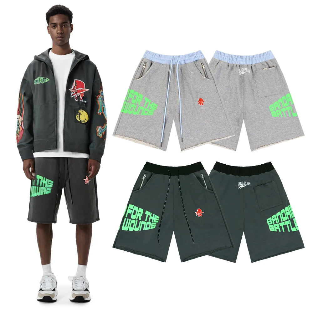 Summer Y2k Streetwear Short Pants with Zip Up Pocket Hiphop Street Style Cotton Retro Letter Embroidery Casual Loose Short Pants