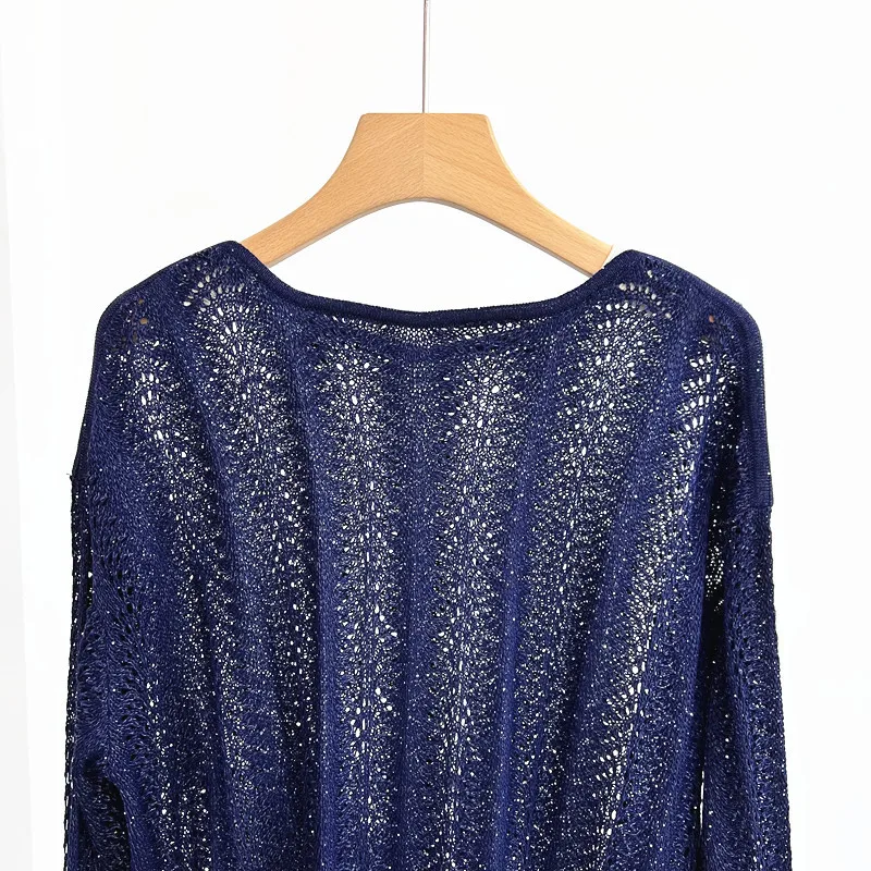 Sommer Mode Frauen Pullover One-Shoulder Kragen Langarm Schwere Hohl Pailletten Lose Dünne Gestrickte Top