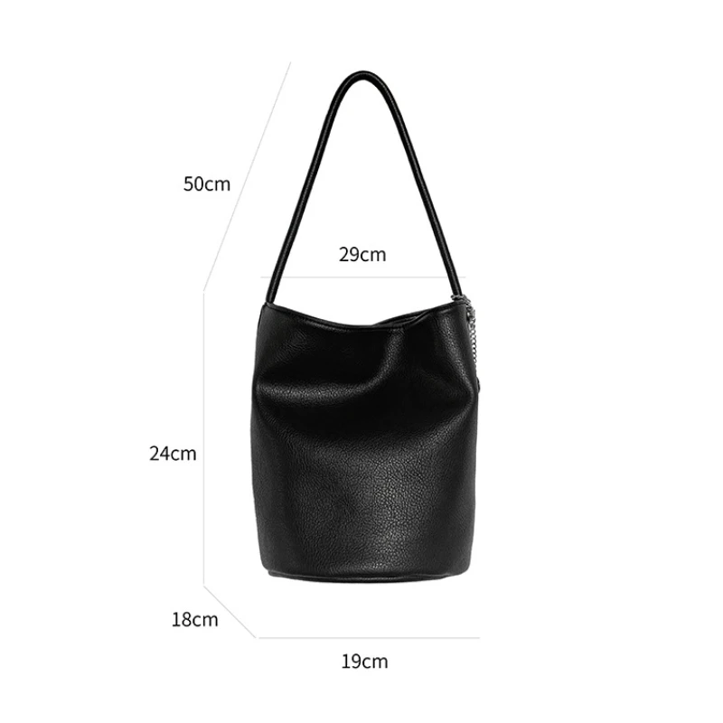 Soft Leather Shoulder Bucket Bag Summer Women\'s Versatile Commuting Shoulder Bag Large Capacity Cylinder Luxury Underarm Bag