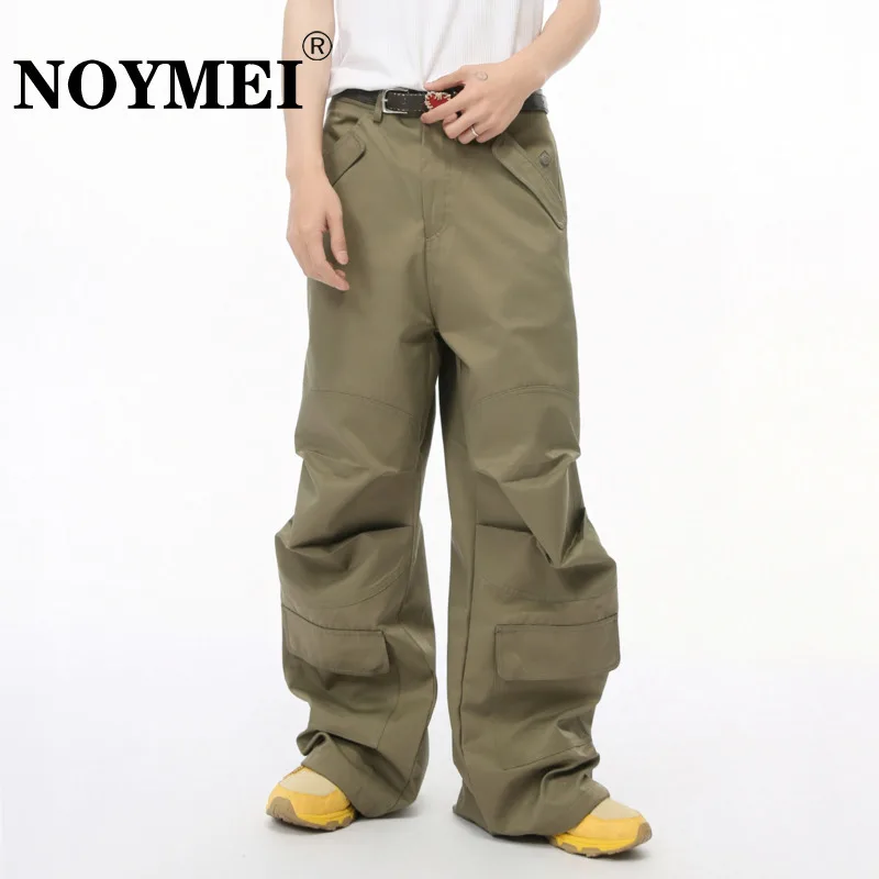 NOYMEI Casual Loose All-match Wide Leg Pants Men's High Waist Solid Color With Multiple Pockets Decorate Trousers WA5703