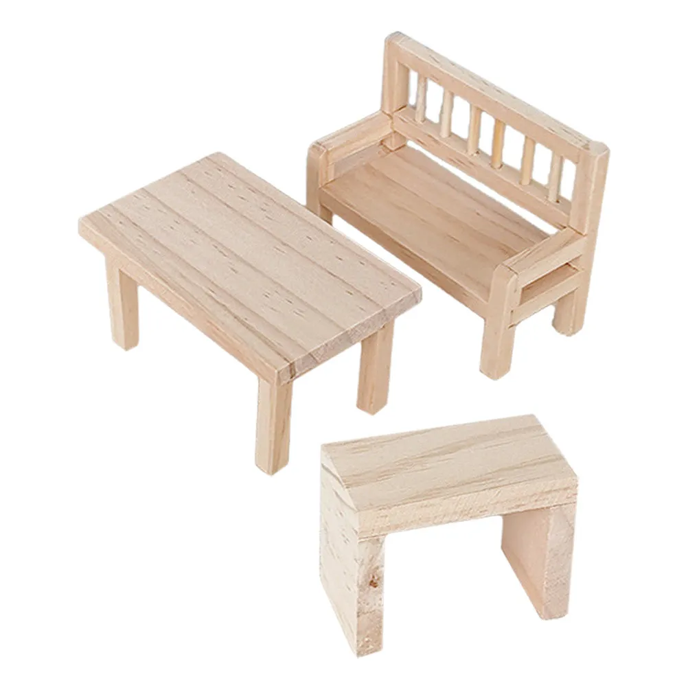 1Set Mini Table Chair Set Wooden Tiny Furniture Miniature Furniture Accessories Living Room Bedroom Decoration
