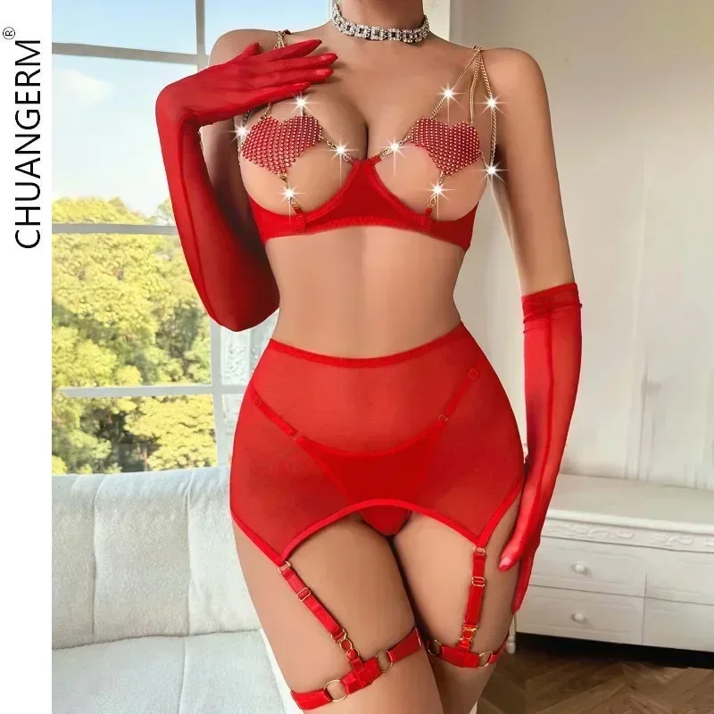 CHUANGERM Sexy Net Erotic Red Lingerie INS Exposed Breast Love Chain Sexy See-Through Mesh Five-Piece Sets Female Onlyfans Kit