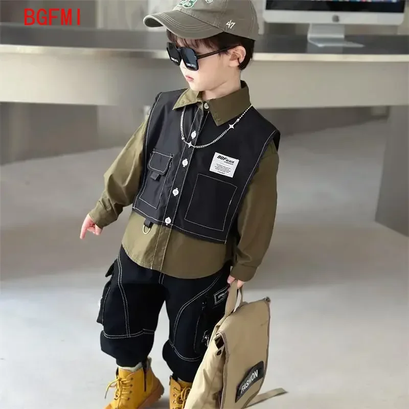 Boys Spring Autumn Clothing Set Baby Fake Two Piece Vest Shirt+Pants 2pcs Set for Korean Casual Children\'s Clothes Handsome Kids