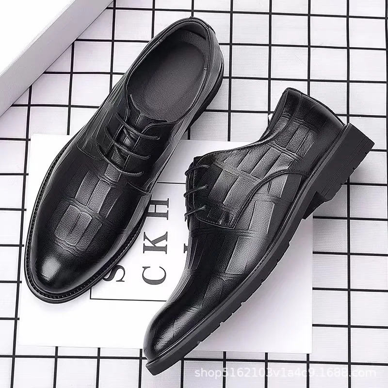 2026 Spring Autumn Men's Lace-up Business Casual Artificial Leather Shoes Embossed Design Hidden Heel Comfortable Dress Footwear