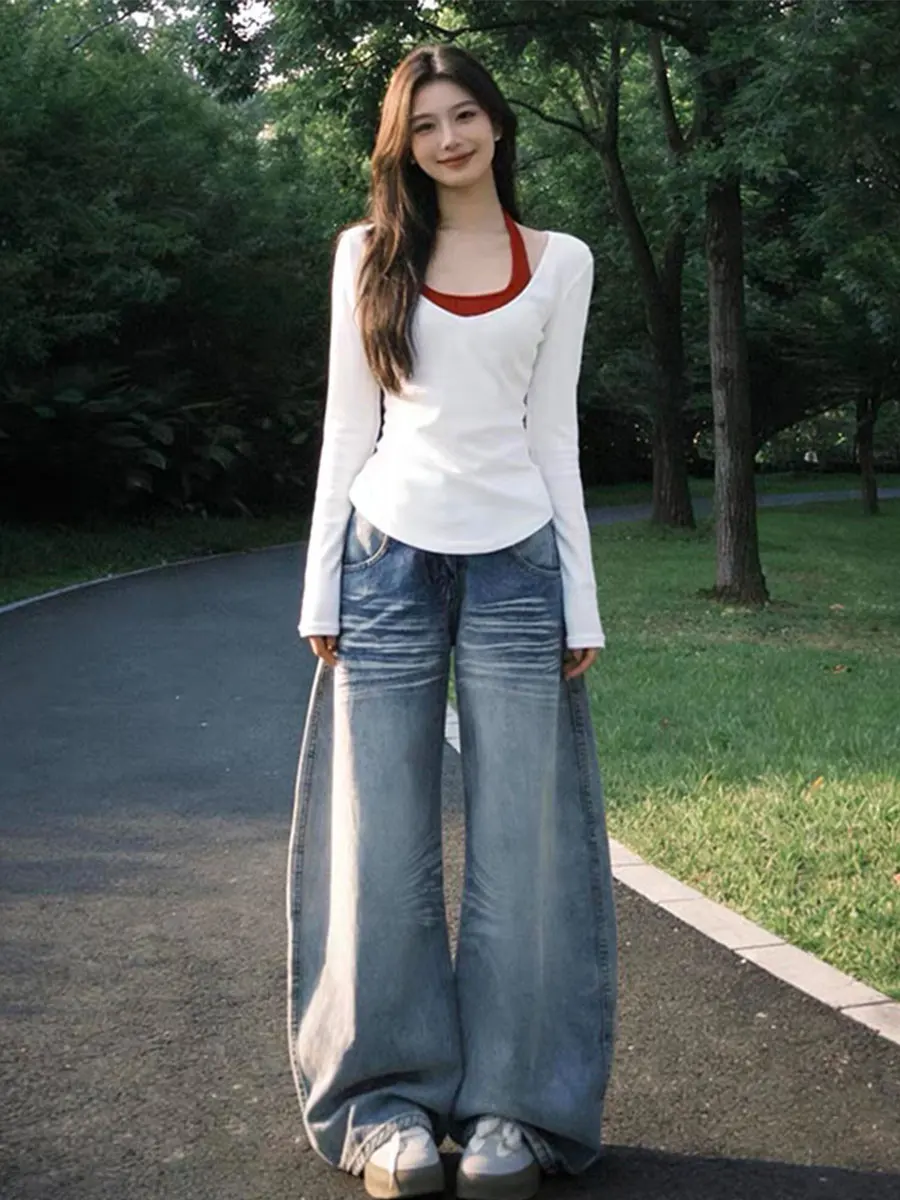 

plus Size American Style Knife Jeans Women's Spring Summer Low Waist Slim Straight Wide Leg Pants Pear Shape Body