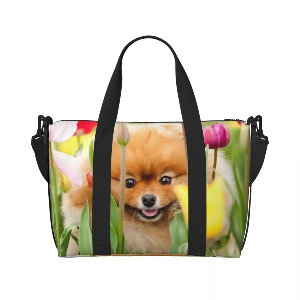 Custom Large Cute Pomeranian Dog Pet Print Tote Bag Women Spitz Puppy Shopping Shoulder Gym Beach Travel Bag