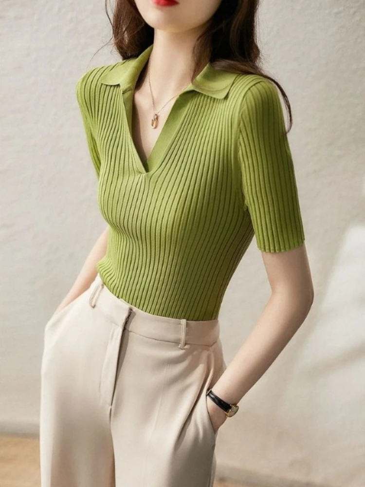 Polo Neck Shirt for Women Knitted Plain Woman T Korean Clothing Casual Tops Short Sleeve Tee Youth Basic Summer 2024 Aesthetic