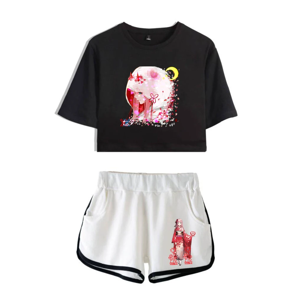 Cartoon DARLING In The FRANXX Print Short Sleeve Cool Sexy Shorts+lovely T-shirts Dew navel Pretty Girl suits Two Piece Set - Image 3