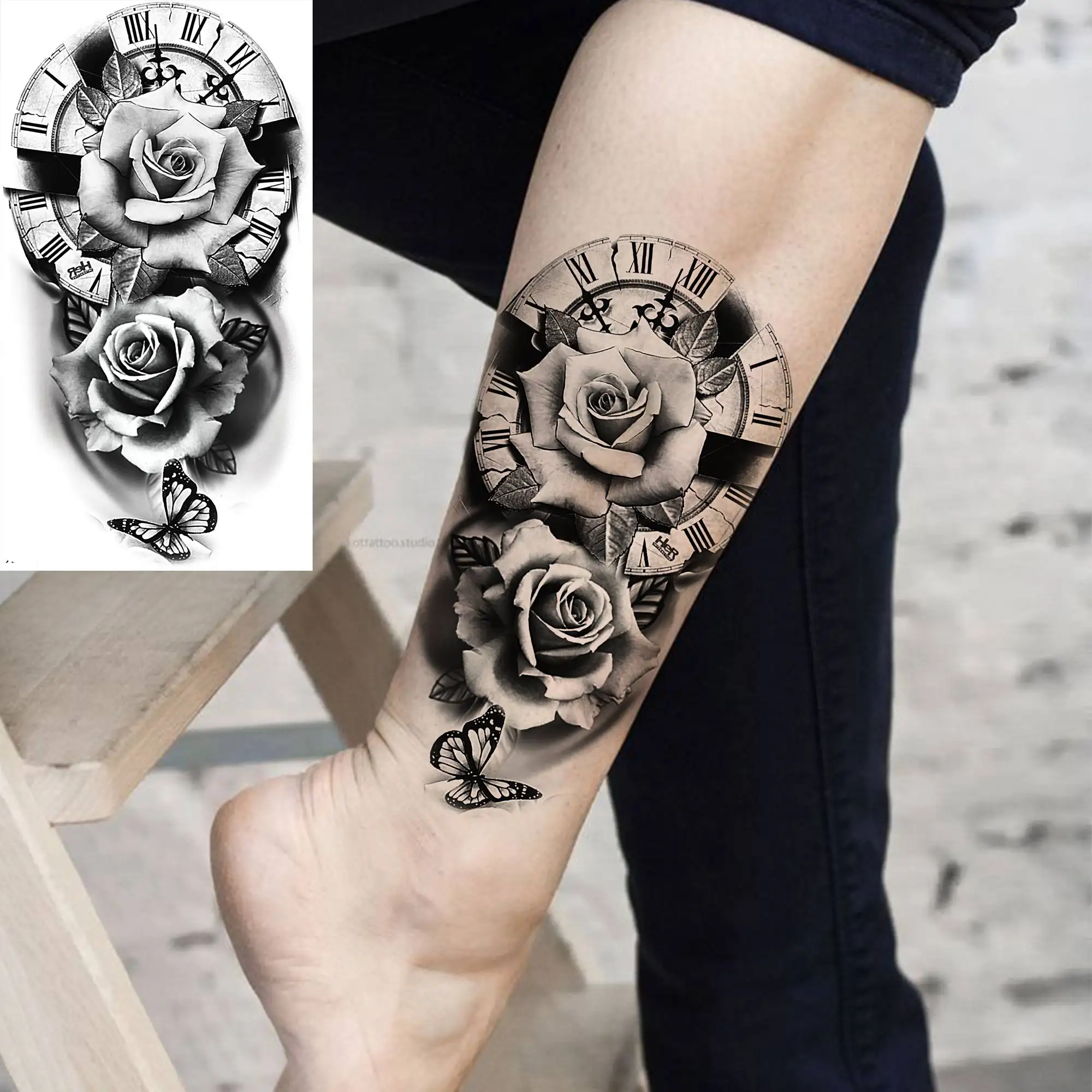 8 Sheets Flower Temporary Tattoos For Women Adults Rose Floral Fake Tattoo Stickers Black Peony Sketch Tattoo Compass Angel