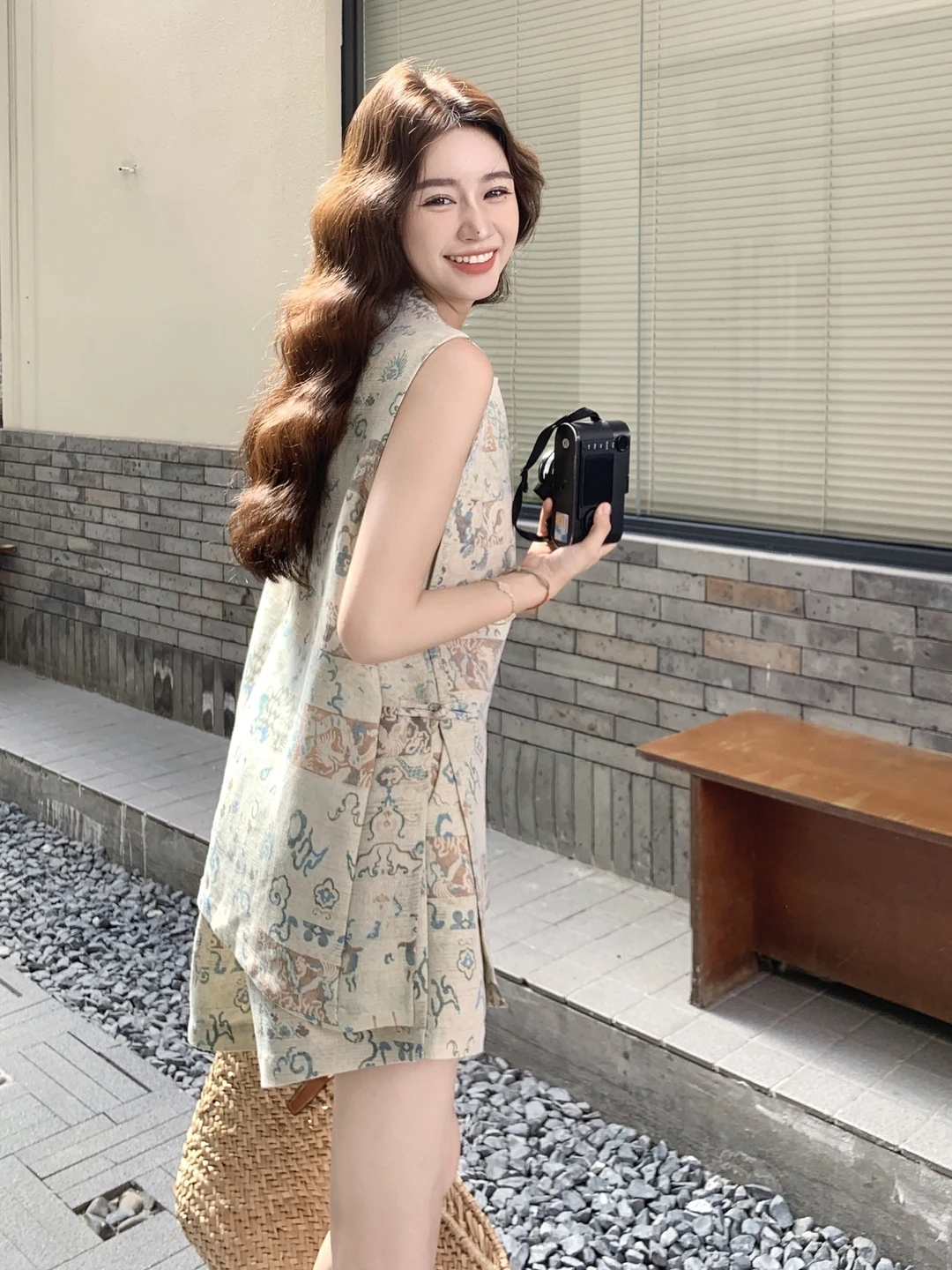 Retro Chinese Sle Printed Side Button Set Women's Summer Design round Ne Svel Vest orts Two Piece Set