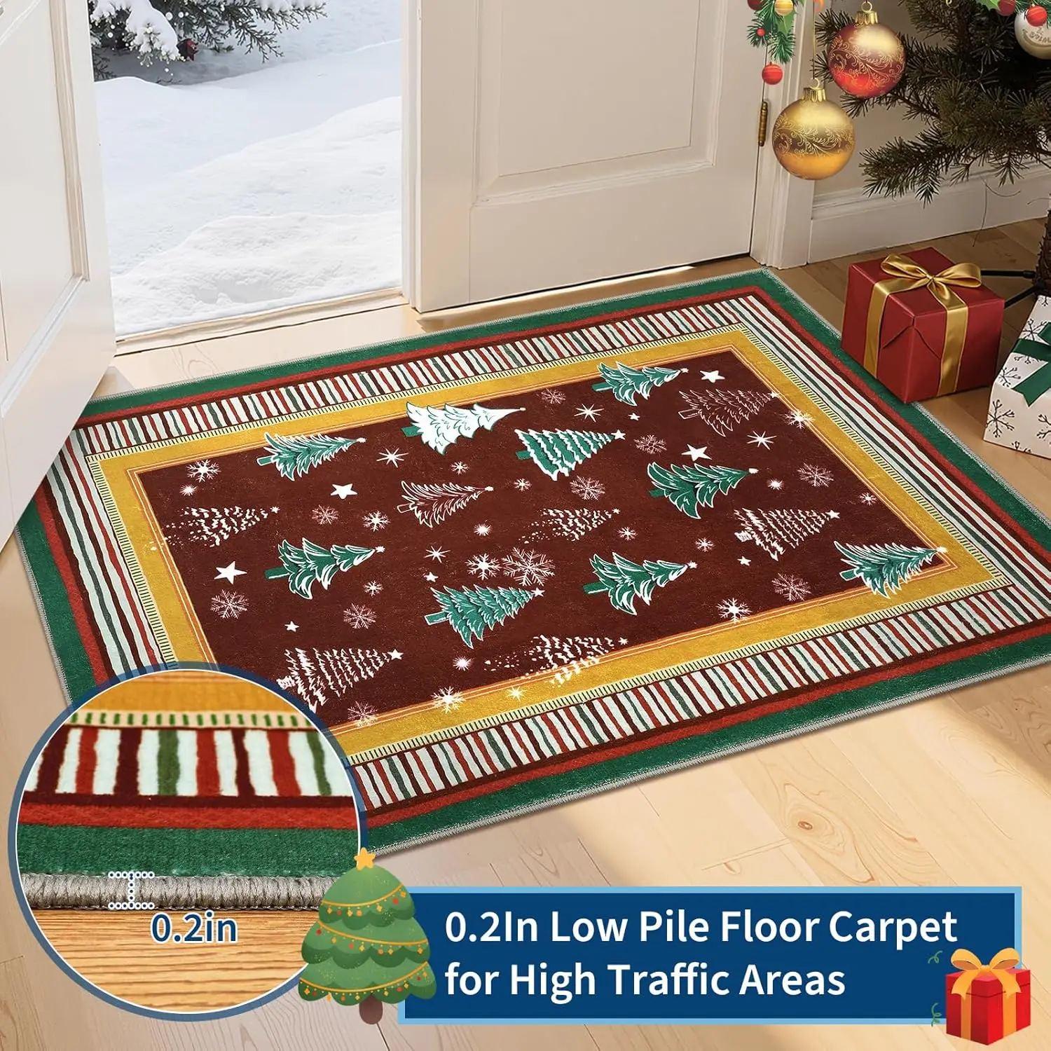Christmas Rug for Bedroom,Christmas Tree and Snowflake Print Washable Rug for Dining Room, Stain Resistant Office Playroom Red