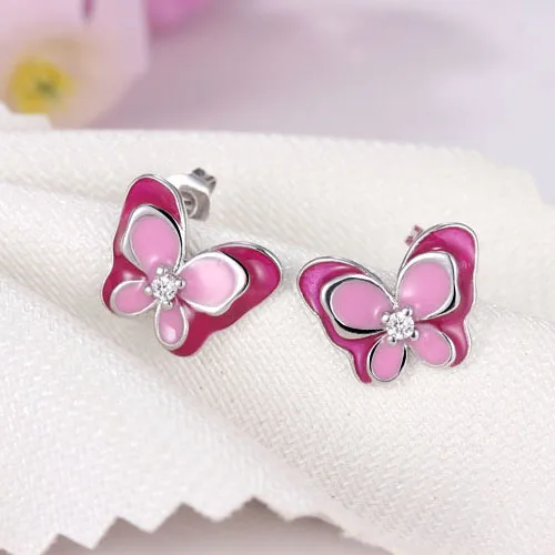 Trendy Funny Animal Ear Accessories Women Silver Color Color Color Elegant Butterfly Shape Stud Earrings with Crystal