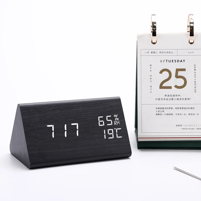 

Wooden LED clock MDF+PVC material multifunctional alarm clock can display temperature and humidity