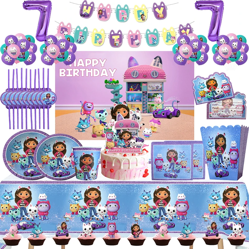 Gabby Dollhouse Birthday Decorations Party Supplies Tableware Set Paper Cups Plates Tablecloth Balloons Baby Girls Kids Gifts