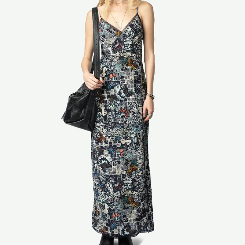 Ladies Halter Dress Casual Floral Printed Dresses Women Back Wing Robes Female Lace Backless Robe Fashion New V Neck Long Jupes