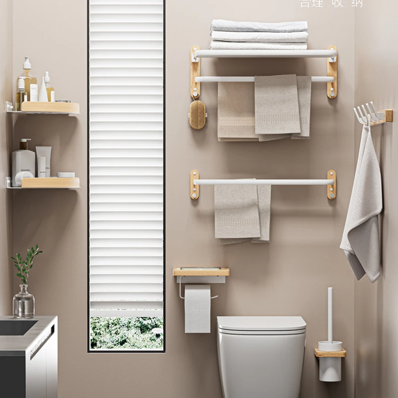 Beech towel rack no punch bathroom shelf toilet wall mounted washroom storage organizer bath towel holder bathroom accessories